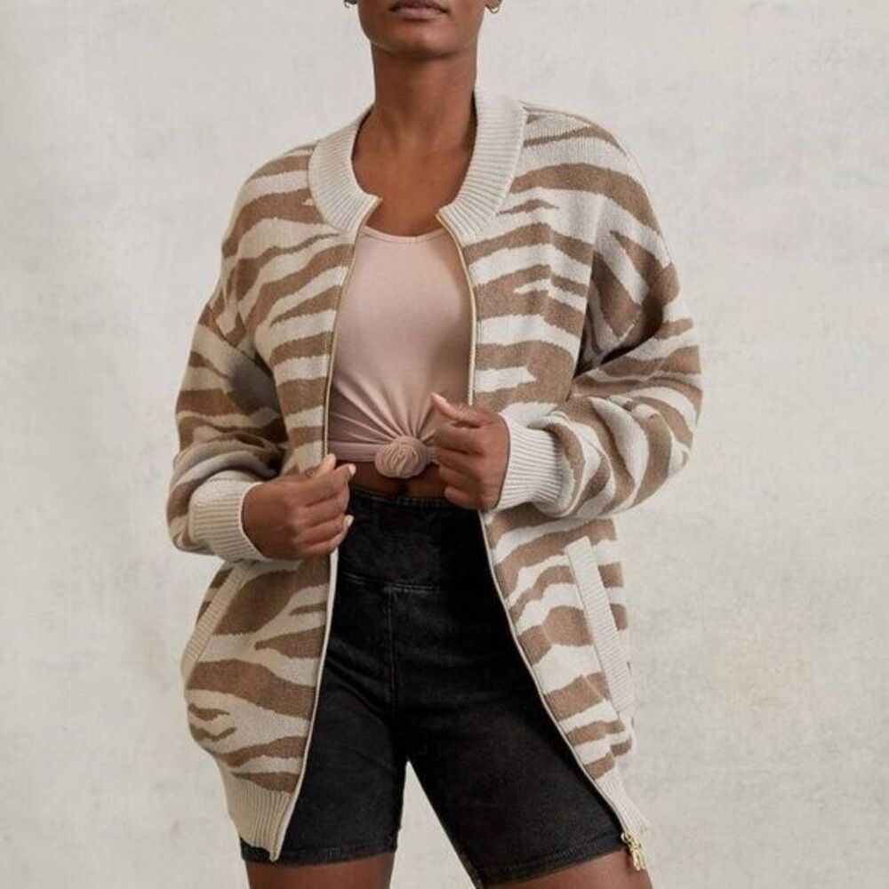 Varley Mayberry Full Zip Cardigan in Cobweb Doe Zebra‎ Sz S Merino Wool Blend